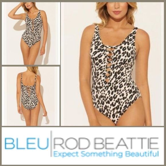 New with tags Bleu Rod Beattie Animal Print Lace Down Twist Front One-Piece Swim - Picture 9 of 15